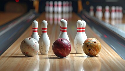 Bowling pins and balls on wooden lanes, ready for action, pins standing tall, blurred backdrop, focused foreground