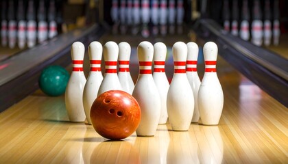 Bowling pins in a rack, with two bowling balls on the lane, ready for some action