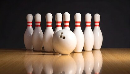 Bowling pins neatly arranged behind a bowling ball on a polished wooden surface, against a dark background