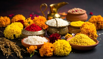 Bowls of colorful rice, flowers, and grains rest on a dark surface with a brass pitcher in the background