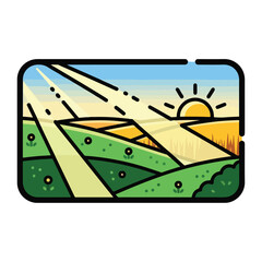 Stained Glass Window with Sun and Fields.