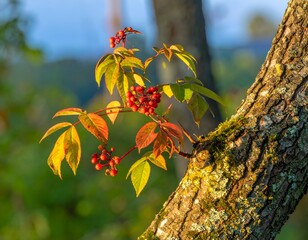 Branch with red berries clings to tree trunk. Autumn foliage colors of yellow, red and green contrast against textured bark
