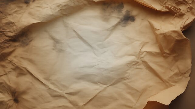 Distressed crumpled paper texture, vintage stained parchment surface, aged brown document material, empty space