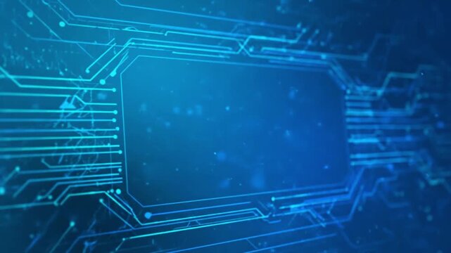 Futuristic circuit board design with glowing blue lines and nodes, viewed from above, showcasing advanced technology and digital connectivity in a dark blue environment