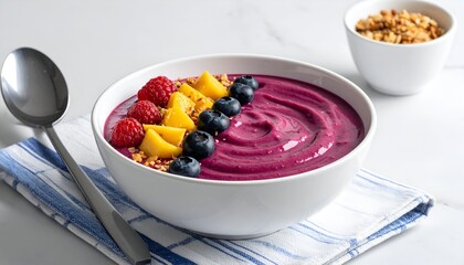 Bright acai bowl with colorful fruit toppings; served on a marble surface, spoon and granola side