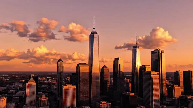 Breathtaking cityscape of Manhattan skyline at sunset with towering skyscrapers and majestic clouds