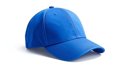 Bright blue baseball cap, plain design, resting on a white surface, casting a soft shadow