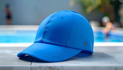 Bright blue cap sits on a marble surface with a blurred pool and figures in the background