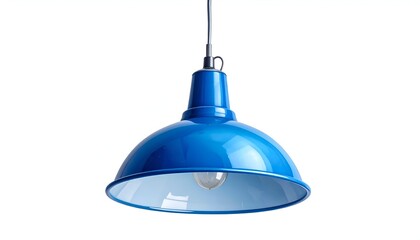 Bright blue domed pendant lamp with white interior hangs centered against a white background, lit from below