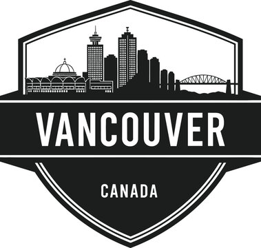 Professional black and white shield emblem for Vancouver Canada featuring a detailed city skyline silhouette and mountain backdrop.