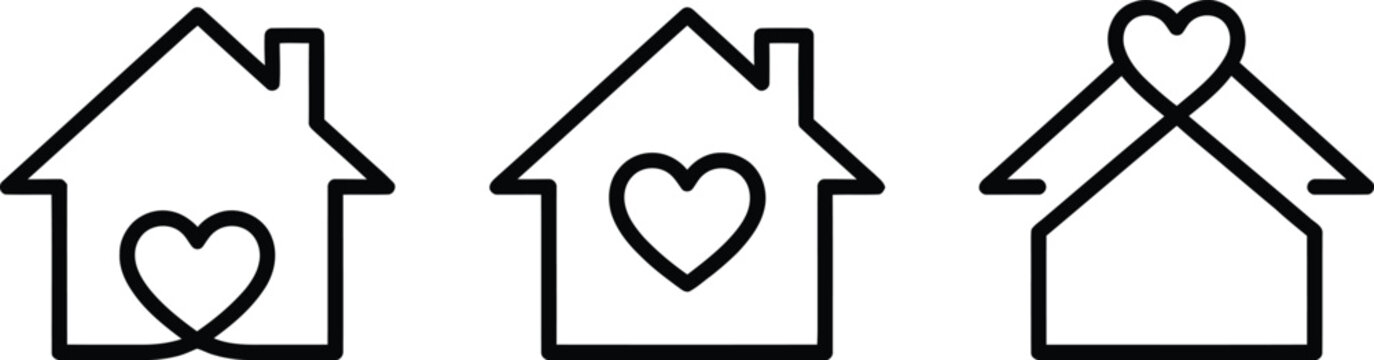 Minimalist house icons with heart symbols representing love for home and real estate concept in simple black line art style