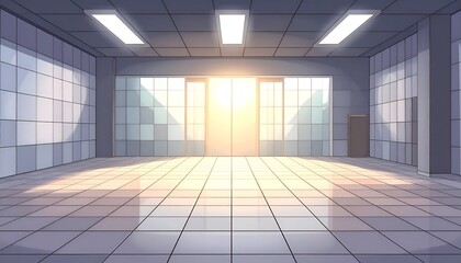 Bright, empty room with tiled floor, glowing doorway, and paneled walls under fluorescent lights