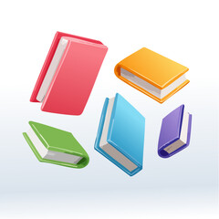 Floating books with bright color hardcover isolated on white. Cartoon 3d render illustration of flying literature for school education and library concept.