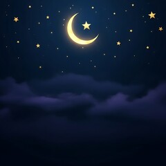 Naklejka premium Islamic Night Sky Background with Golden Crescent Moon and Stars – Elegant Ramadan and Eid Celebration Graphic