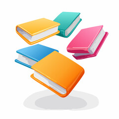 Floating books with bright color hardcover isolated on white. Cartoon 3d render illustration of flying literature for school education and library concept.