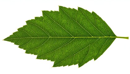 Bright green leaf isolated on white background, showing intricate vein patterns and serrated edges