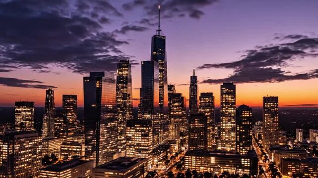 Cityscape of modern skyscrapers at dusk with vibrant skyline and illuminated buildings