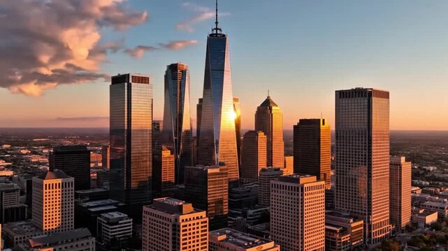Stunning sunset over city skyline with golden light reflecting on skyscraper windows