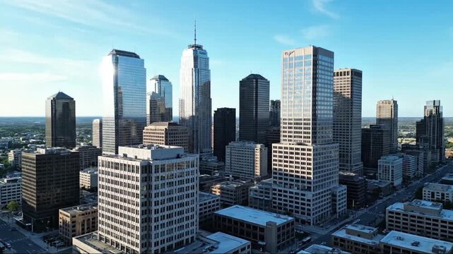 Modern city skyline with tall skyscrapers and glass buildings under clear blue sky