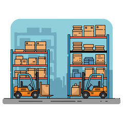 Warehouse Storage with Forklifts and Shelves.