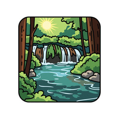 Waterfall Flowing into River in Forest.