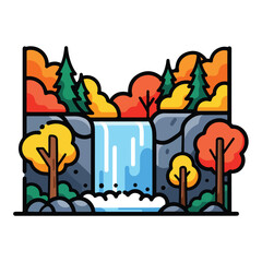 Waterfall Landscape with Trees and Rocks.