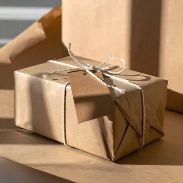 Brown paper package tied with rustic string and a blank tag, illuminated by natural light, casting soft shadows. Ideal for thoughtful gifts, sustainable delivery, or charming surprises