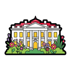White House Cartoon Illustration with Flowers.