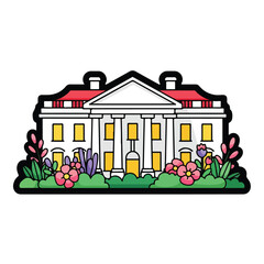White House Illustration with Flowers and Garden.