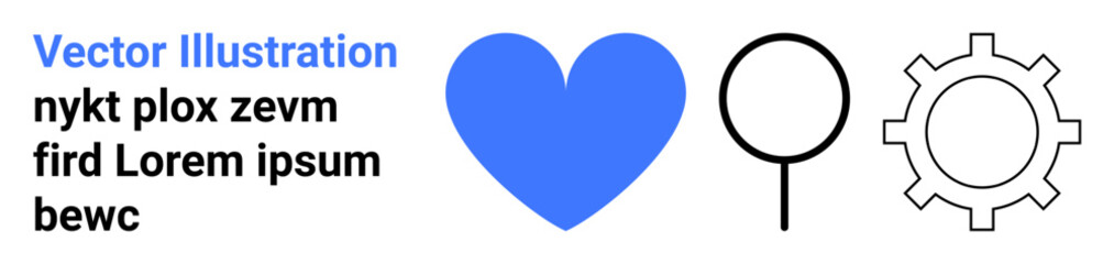 Love, exploration, technology, innovation, analysis, system process. Blue heart, search magnifier and gear icon on white background. Love and exploration paired with technology concept