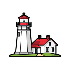 White Lighthouse with Red Roof Illustration.