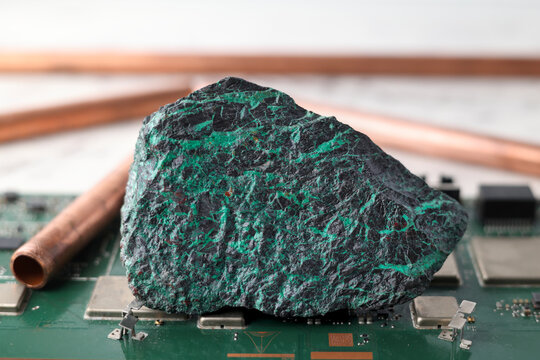 Copper ore, electronic circuit board, water pipe. Mine, mining. Cu considered critical or strategic mineral, raw material by many countries. Recycling also a source
