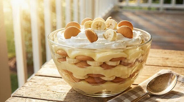 Layered banana pudding trifle dessert with vanilla wafers and fresh fruit, dessert recipe inspiration.