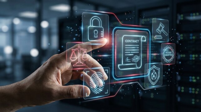 Secure digital interface with icons for law, safety, and contracts