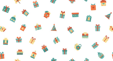Naklejka premium Flat design pattern of colorful gift boxes and party hats on a white background, vector illustration.