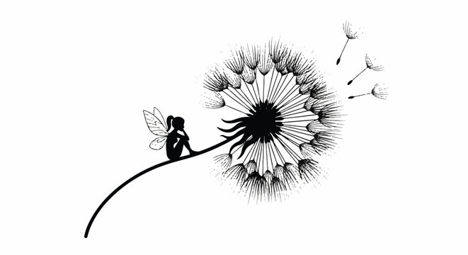 A delicate fairy perched on a dandelion stem, illustrated in black and white, central composition, simple white backdrop