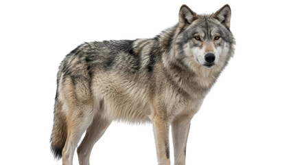 Obraz premium Gray wolf standing, full body, looking at camera, isolated on white