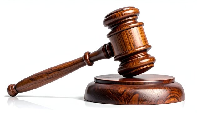 Brown, wooden gavel resting on a base. Rings around handle and head; the base is also wooden