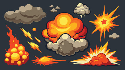 Set of boom smoke clouds and fireball bursts in comic style on dark background.eps © zihad