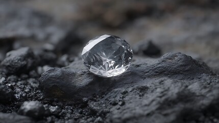 A large clear diamond sitting on a pile of dark gray rocks and coal