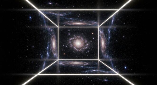 Cosmic galaxies framed by a glowing geometric box against a star-filled void