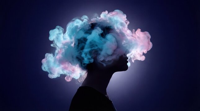 Person's head silhouette with colorful smoke clouds symbolizing thoughts or ideas in the mind