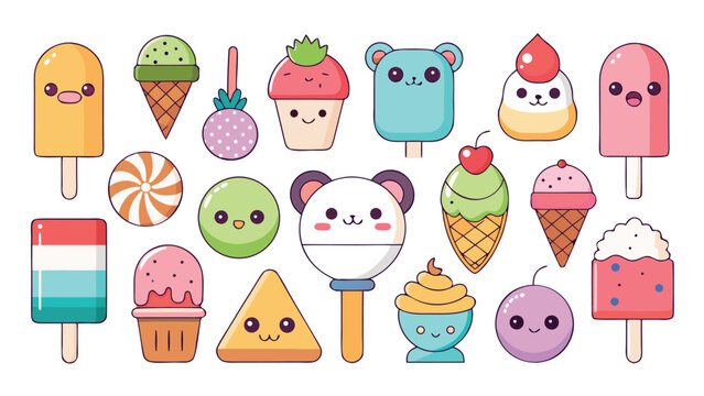 Ice cream vector set. Sundae, popsicles, and cones with different flavors and cute animal shapes.eps