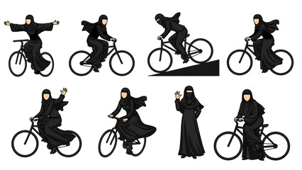 Obraz premium Muslim women riding bicycles in various poses and outfits