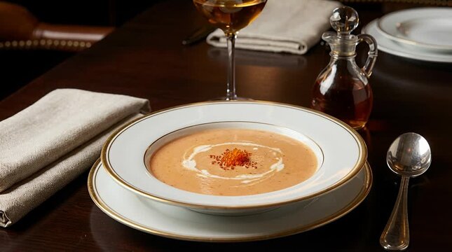 Gourmet seafood bisque soup with roe and cream swirl, served in fine dining seafood bisque, seafood soup.