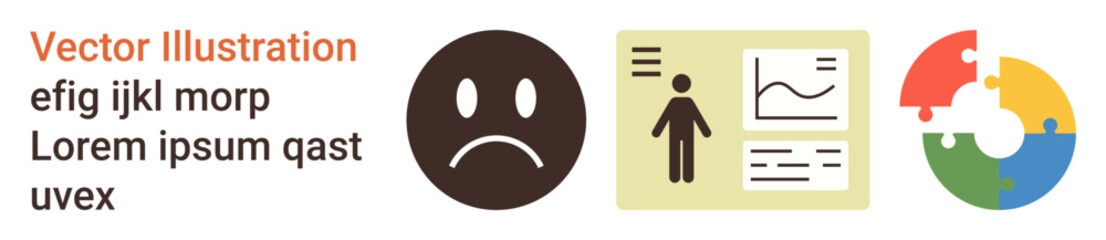Obraz premium Data analysis, emotional health, teamwork, reports, problem-solving, visual aids. Sad face, person with data charts colorful pie puzzle. Emotional health and teamwork concepts