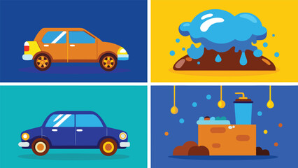 Naklejka premium Flat Vector Illustration of Blue Car Washing Process from Dirty to Sparkling Clean.eps