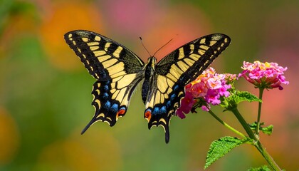 Naklejka premium Butterfly with yellow wings and blue accents perched on pink flowers, blurred green and orange background creates soft contrast