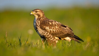 Buzzard stands alert in bright green grass, brown and white plumage detailed in the warm light of a sunny day