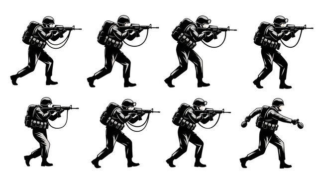Soldier in various combat positions with a rifle vector